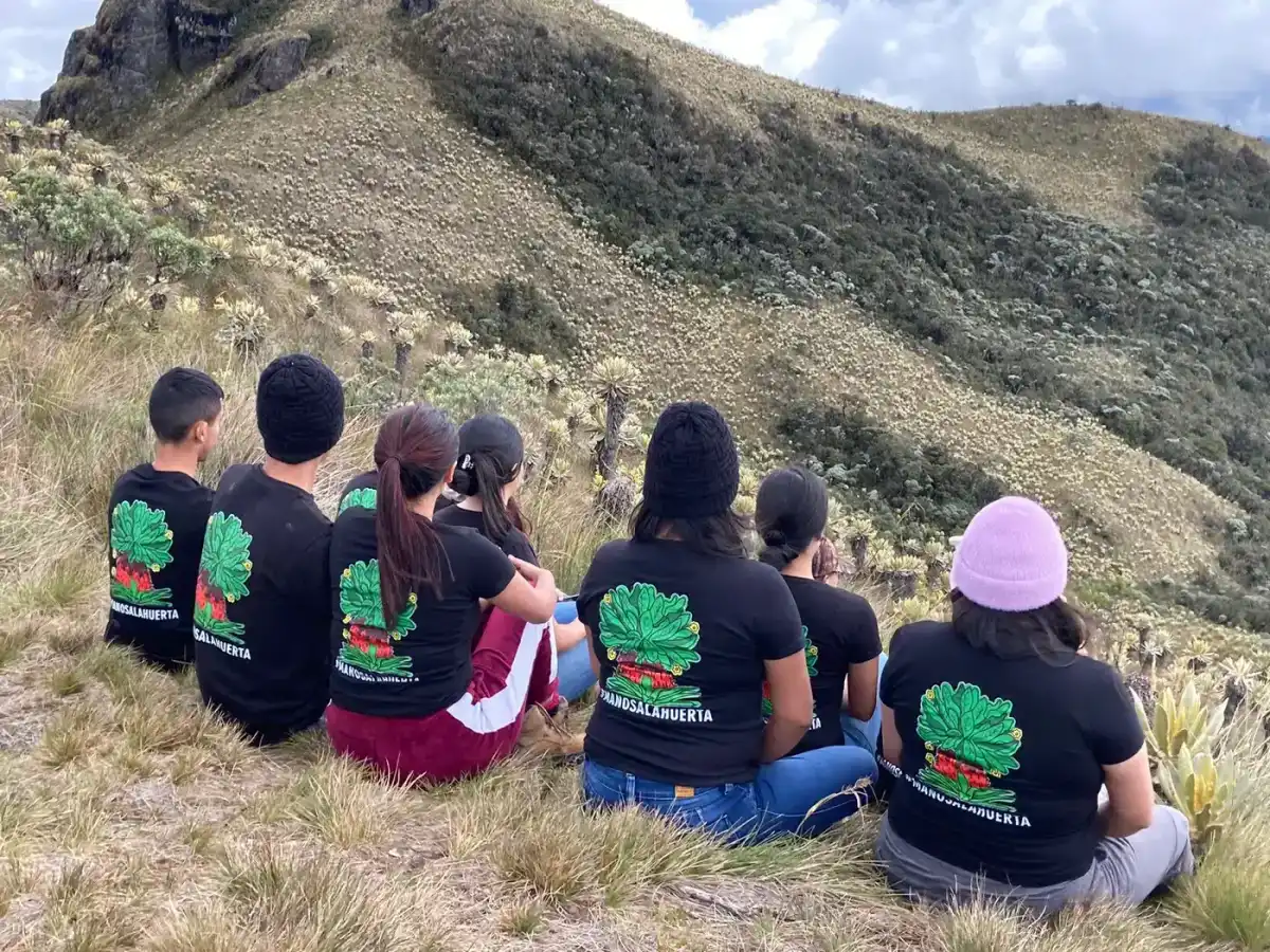 Jóvenes de espaldas contemplando el páramo entre frailejones