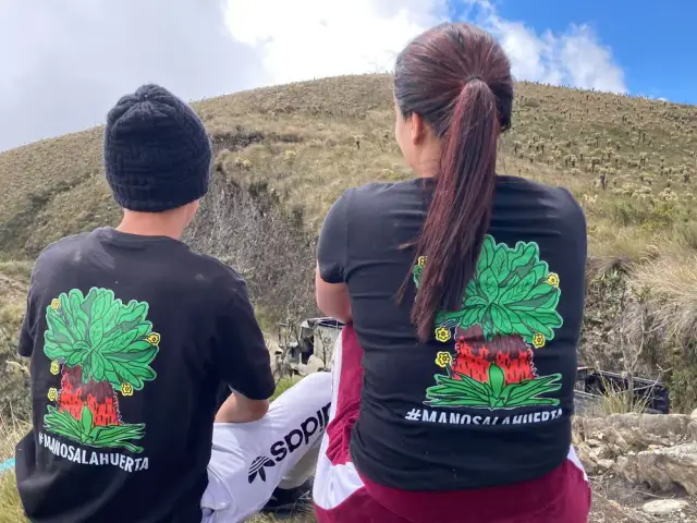 Dos jóvenes con camisetas de la Fundación contemplan la ladera de frailejones en el páramo